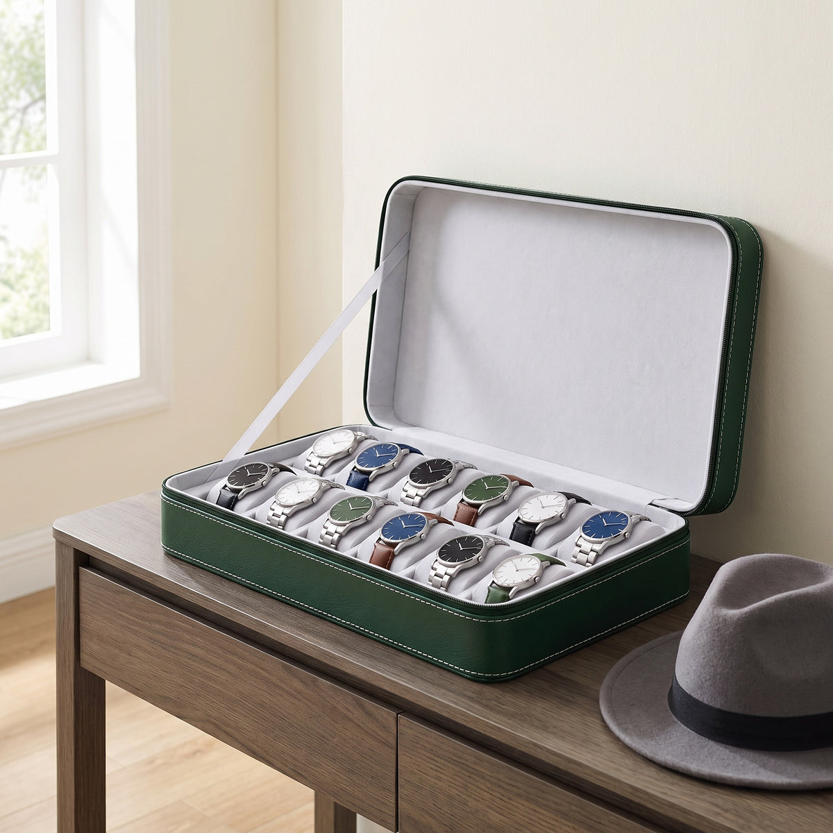 Étui de voyage pour 12 montres Voyageur vert ouvert, posé sur une console en chêne fumé dans une entrée