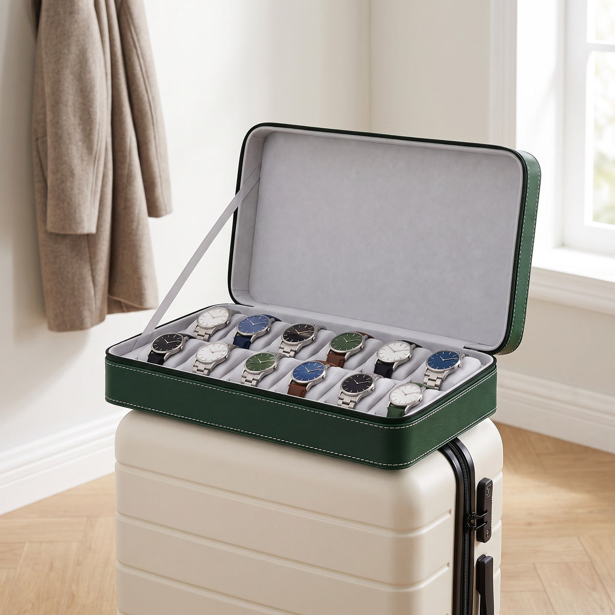 Étui de voyage pour 12 montres Voyageur vert ouvert, posé sur une valise cabine fermée, prêt à partir