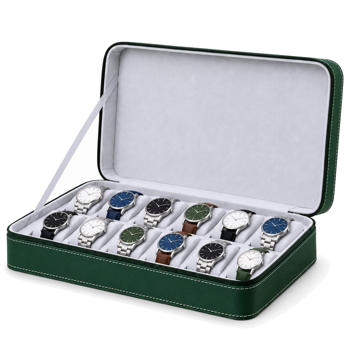 Étui de voyage zippé pour 12 montres Voyageur vert ouvert, garni de montres sur deux rangées
