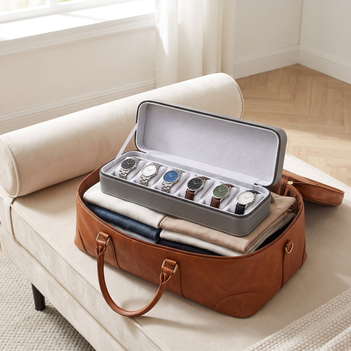 Étui de voyage pour 6 montres Voyageur gris ouvert, rangé dans un sac de voyage en cuir posé sur une méridienne