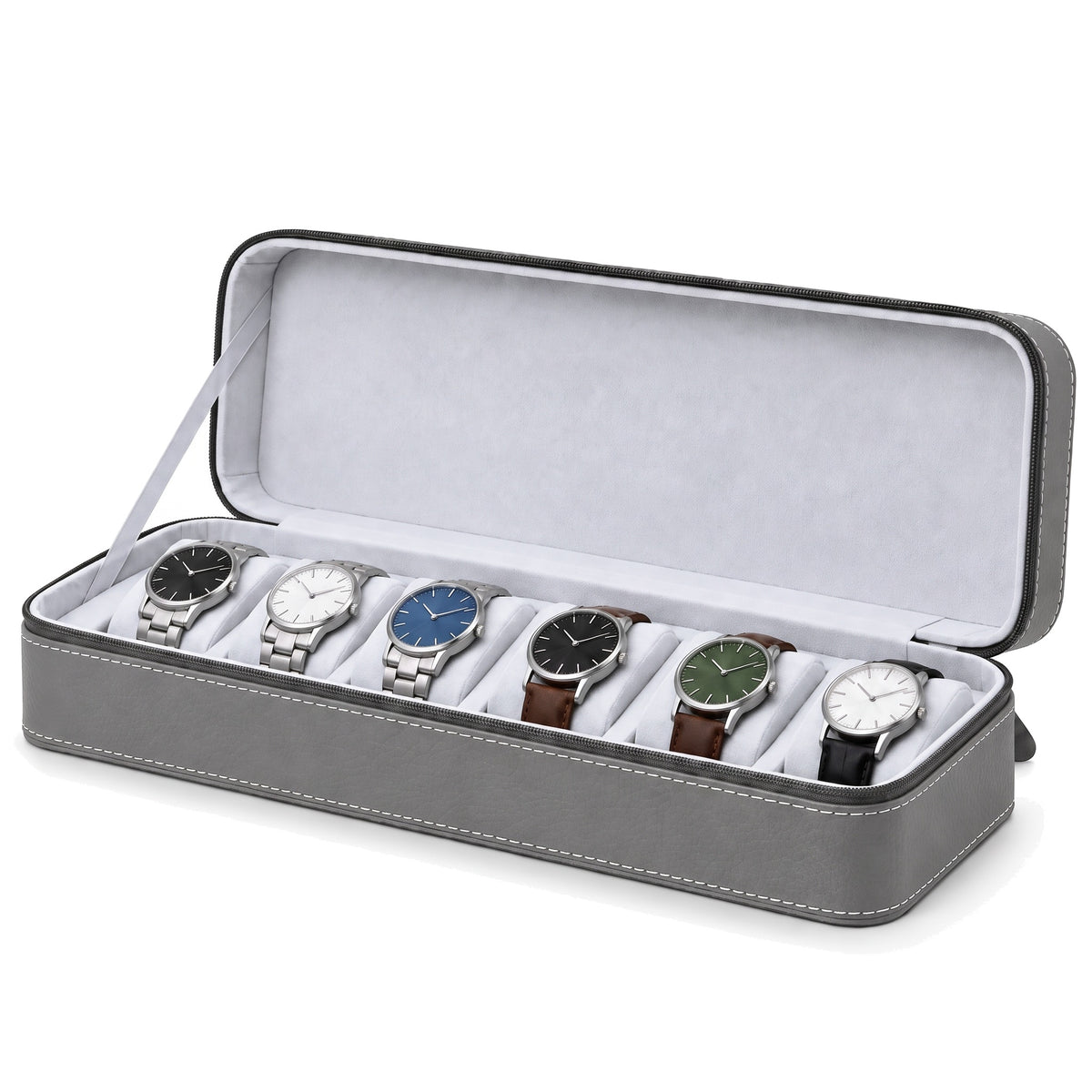 Étui de voyage zippé pour 6 montres Voyageur gris ouvert, garni de montres sur une rangée