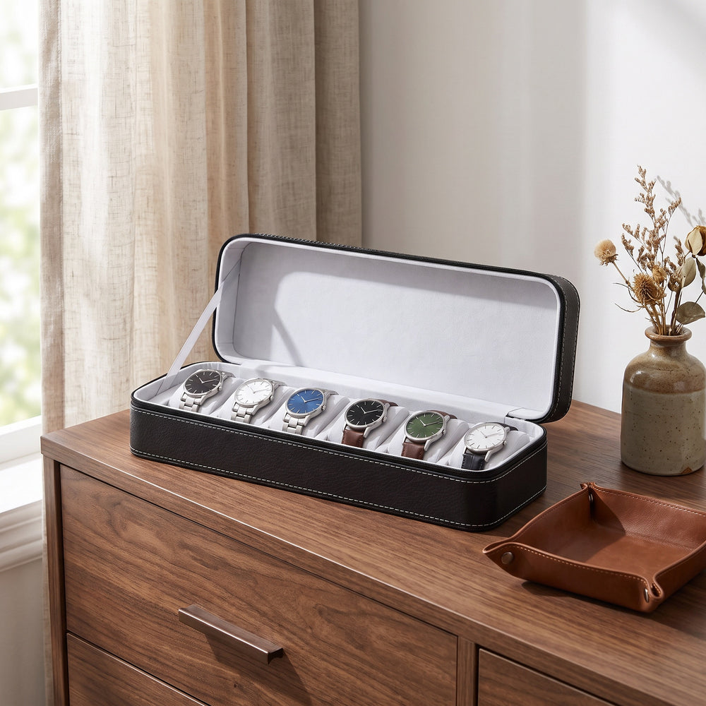 Étui de voyage pour 6 montres Voyageur noir ouvert, posé sur une commode en noyer