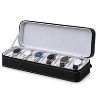 Étui de voyage zippé pour 6 montres Voyageur noir ouvert, garni de montres sur une rangée