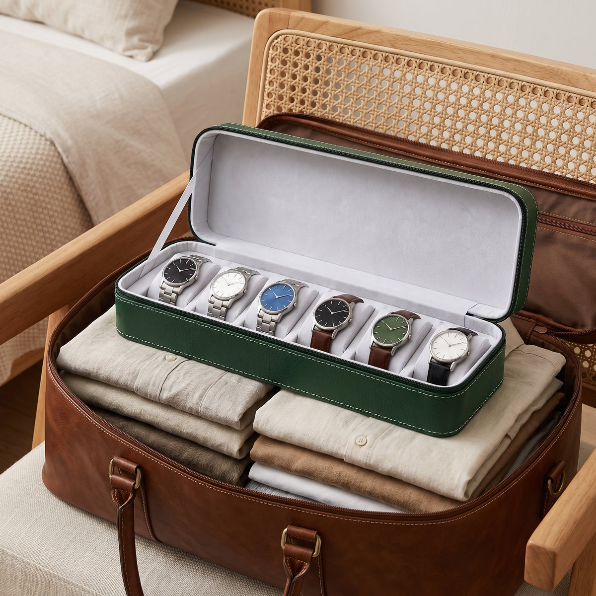 Étui de voyage pour 6 montres Voyageur vert ouvert, rangé dans un sac de voyage en cuir posé sur un fauteuil en rotin