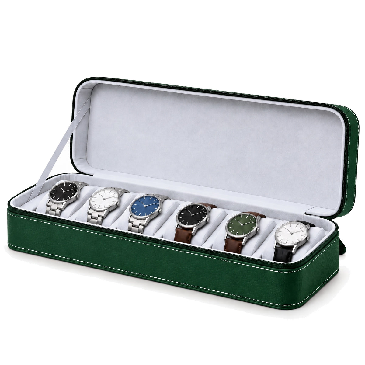Étui de voyage zippé pour 6 montres Voyageur vert ouvert, garni de montres sur une rangée