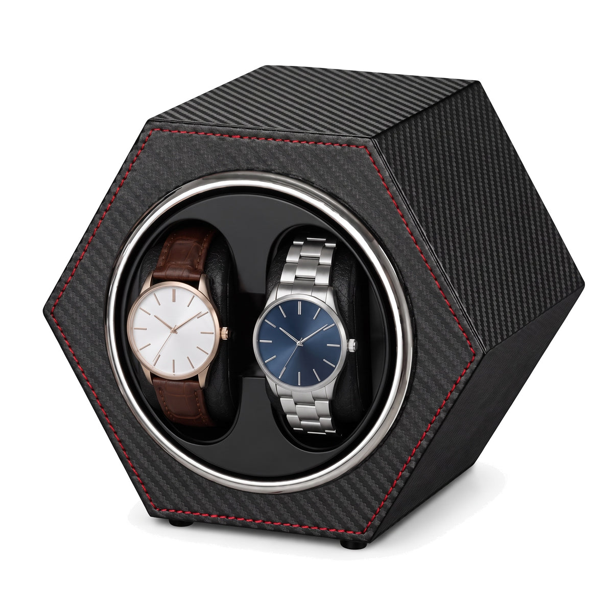 Remontoir automatique pour 2 montres hexagonal Alvéole effet carbone à coutures rouges