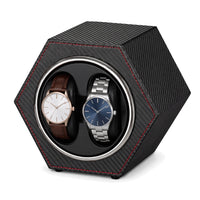 Remontoir automatique pour 2 montres hexagonal Alvéole effet carbone à coutures rouges