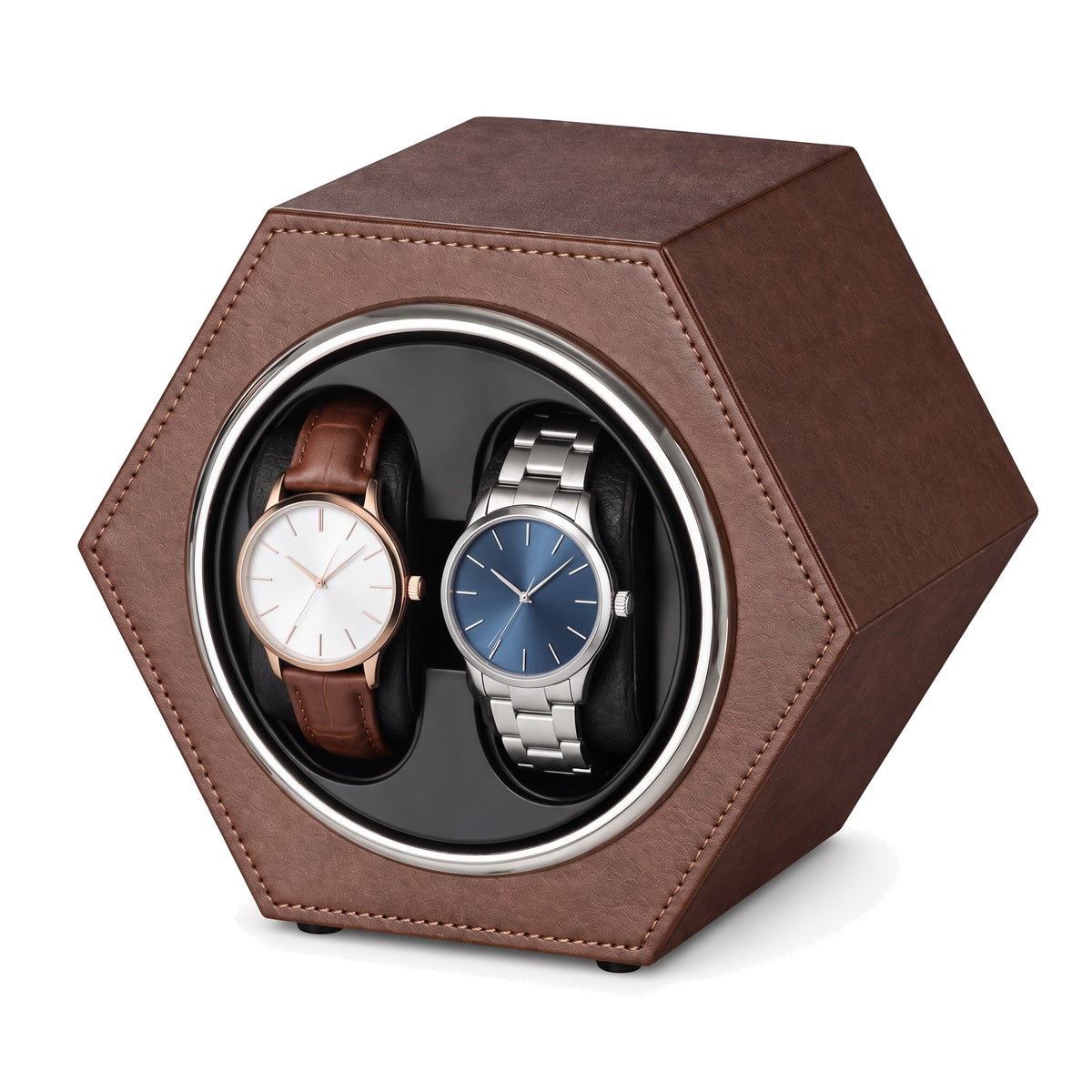 Remontoir automatique pour 2 montres hexagonal Alvéole marron à coutures apparentes