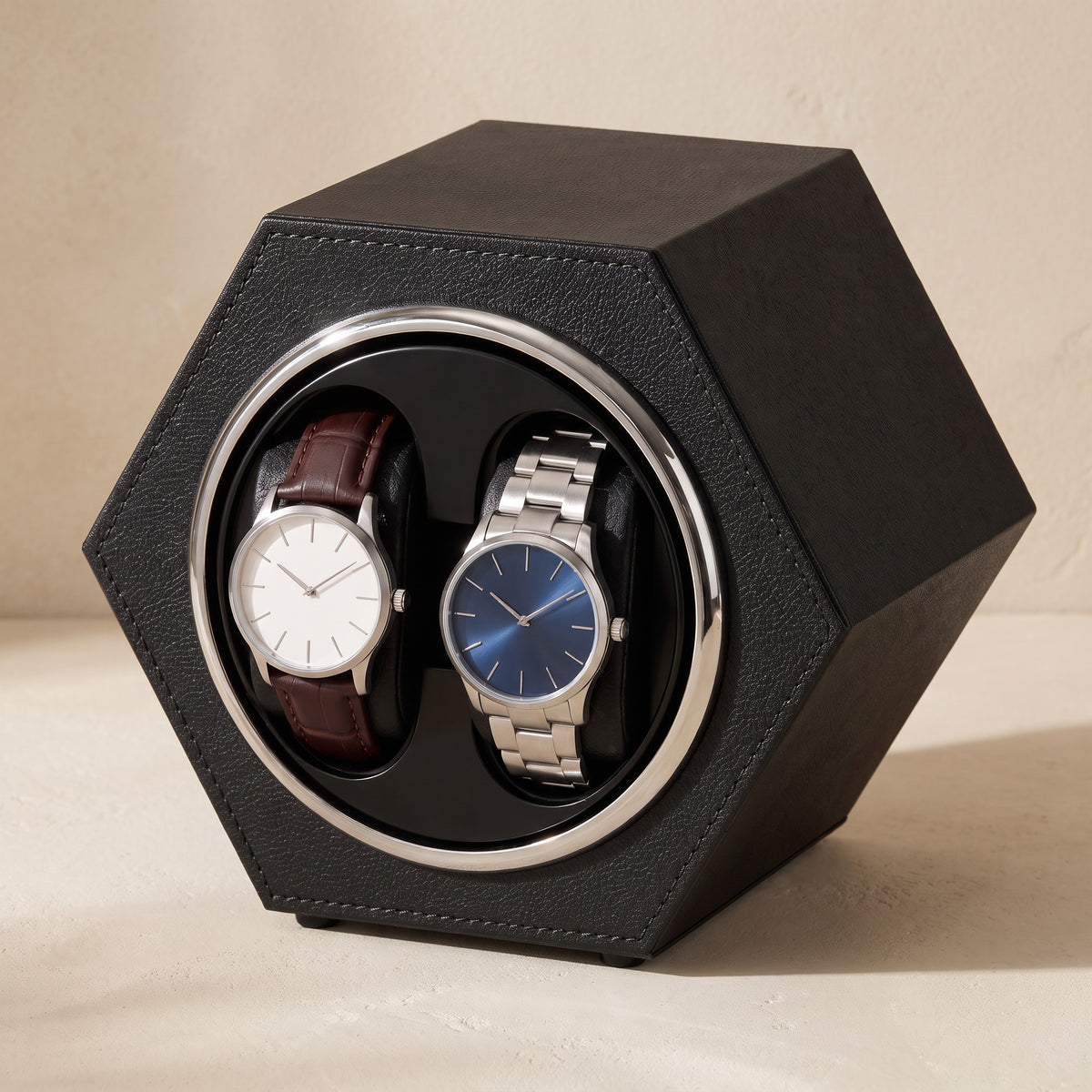 Remontoir automatique pour 2 montres Alvéole noir, vu de trois quarts