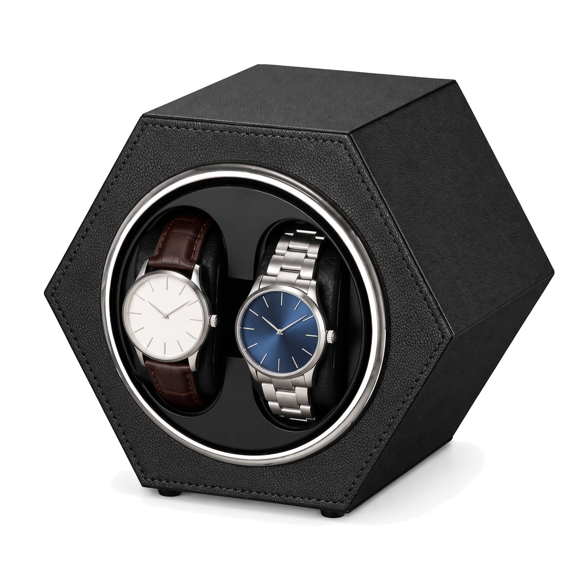 Remontoir automatique pour 2 montres hexagonal Alvéole noir, ouverture ronde cerclée d'argent