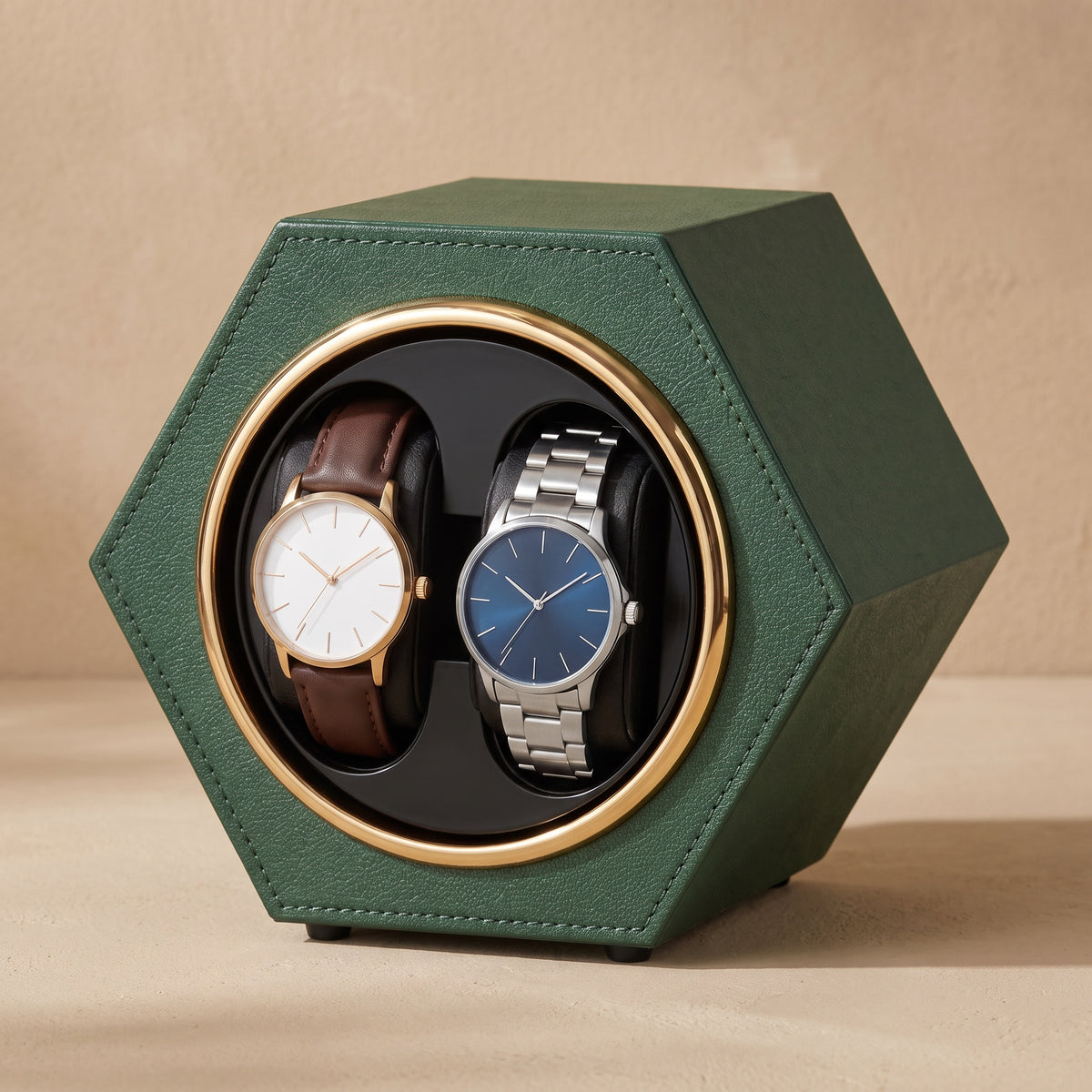 Remontoir automatique pour 2 montres Alvéole vert, vu de face