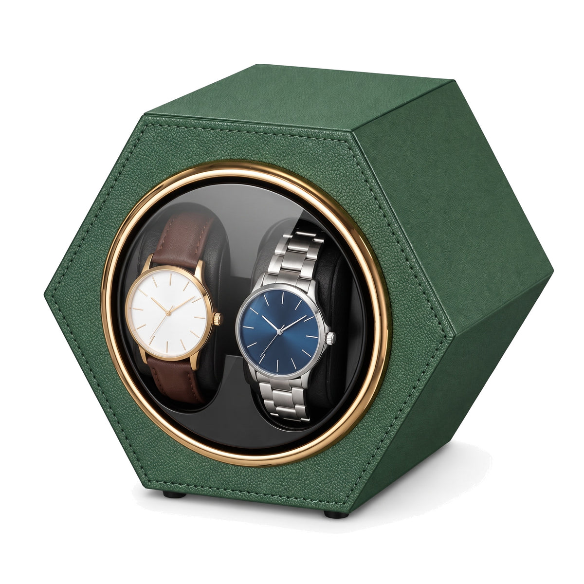 Remontoir automatique pour 2 montres hexagonal Alvéole vert, ouverture ronde cerclée d'or