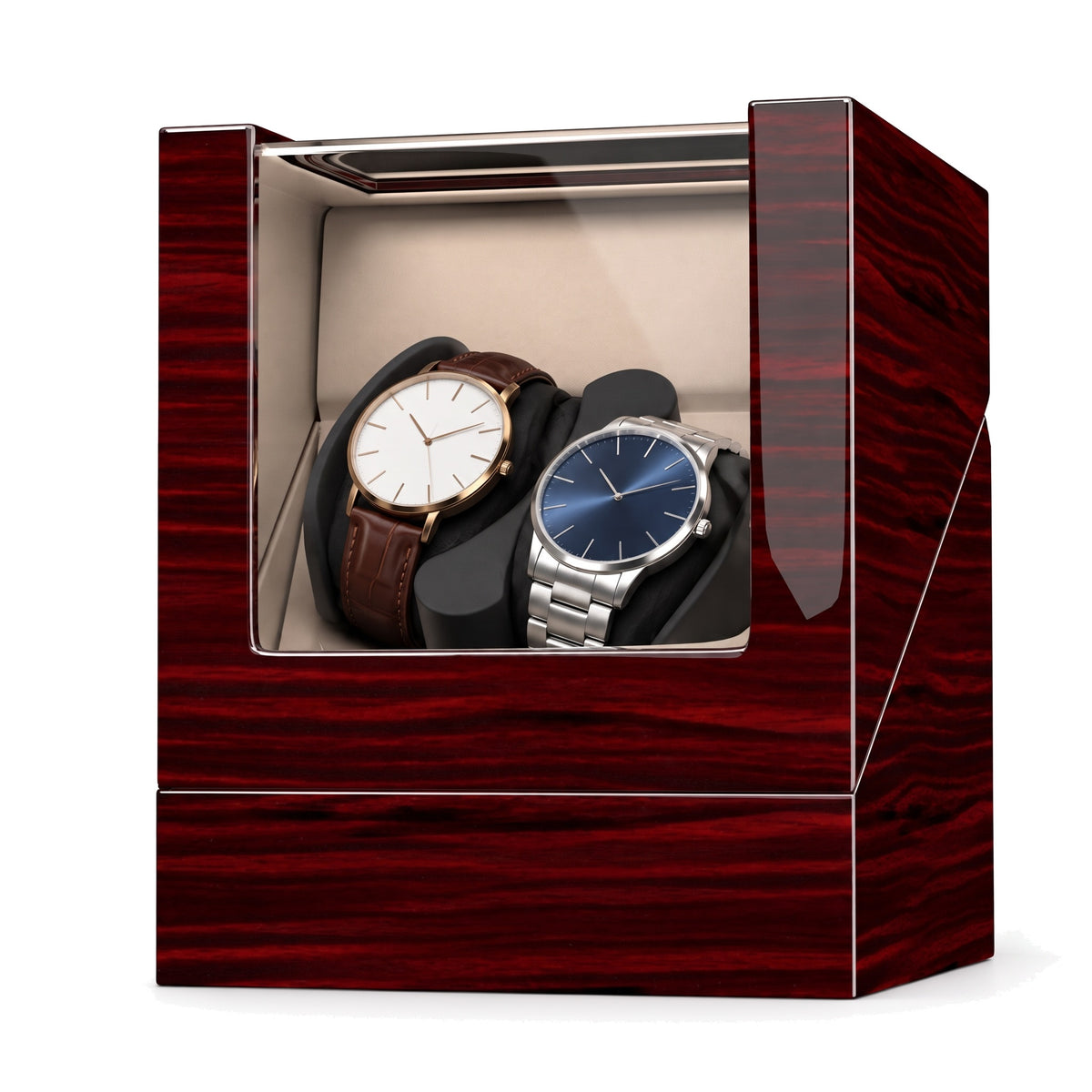 Remontoir automatique pour 2 montres Grenat laqué rouge-brun fermé, montres visibles derrière la vitre