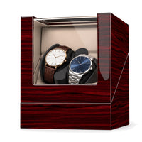 Remontoir automatique pour 2 montres Grenat laqué rouge-brun fermé, montres visibles derrière la vitre