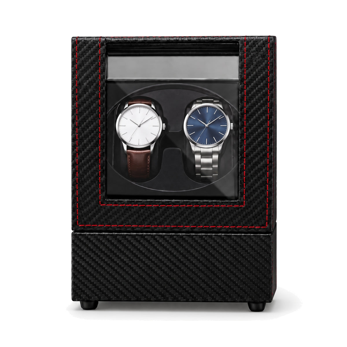 Remontoir automatique pour 2 montres Sentinelle effet carbone fermé, montres visibles derrière la vitre
