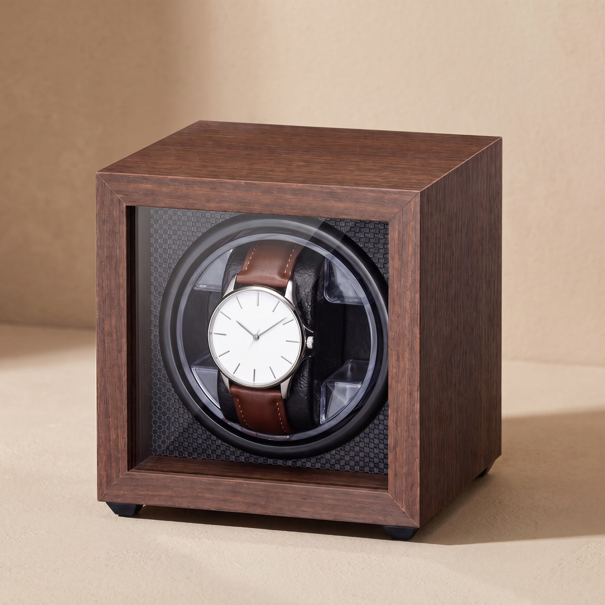 Remontoir automatique pour 1 montre Atelier effet noyer, porte vitrée fermée