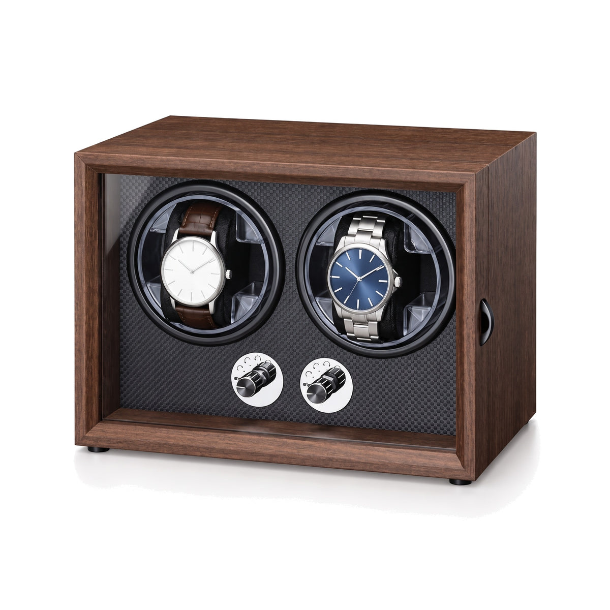 Remontoir automatique pour 2 montres Atelier effet noyer, porte vitrée et deux molettes de réglage