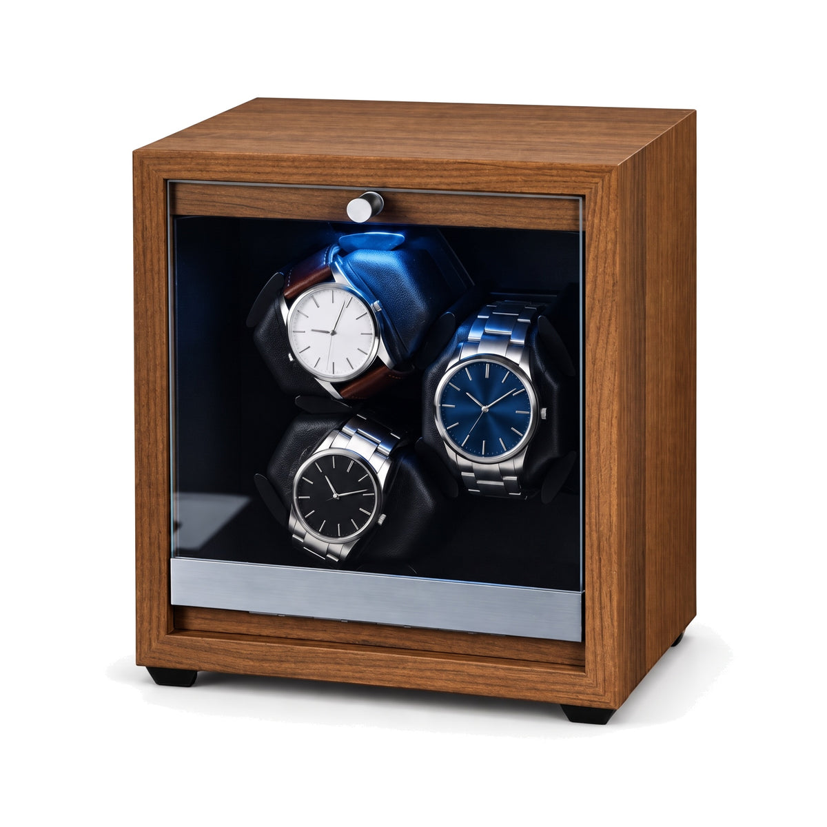 Remontoir automatique pour 3 montres Galerie finition bois, façade vitrée et éclairage LED