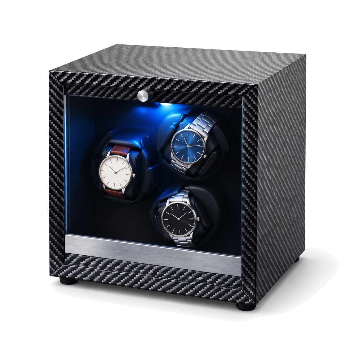Remontoir automatique pour 3 montres Galerie effet carbone, façade vitrée et éclairage LED