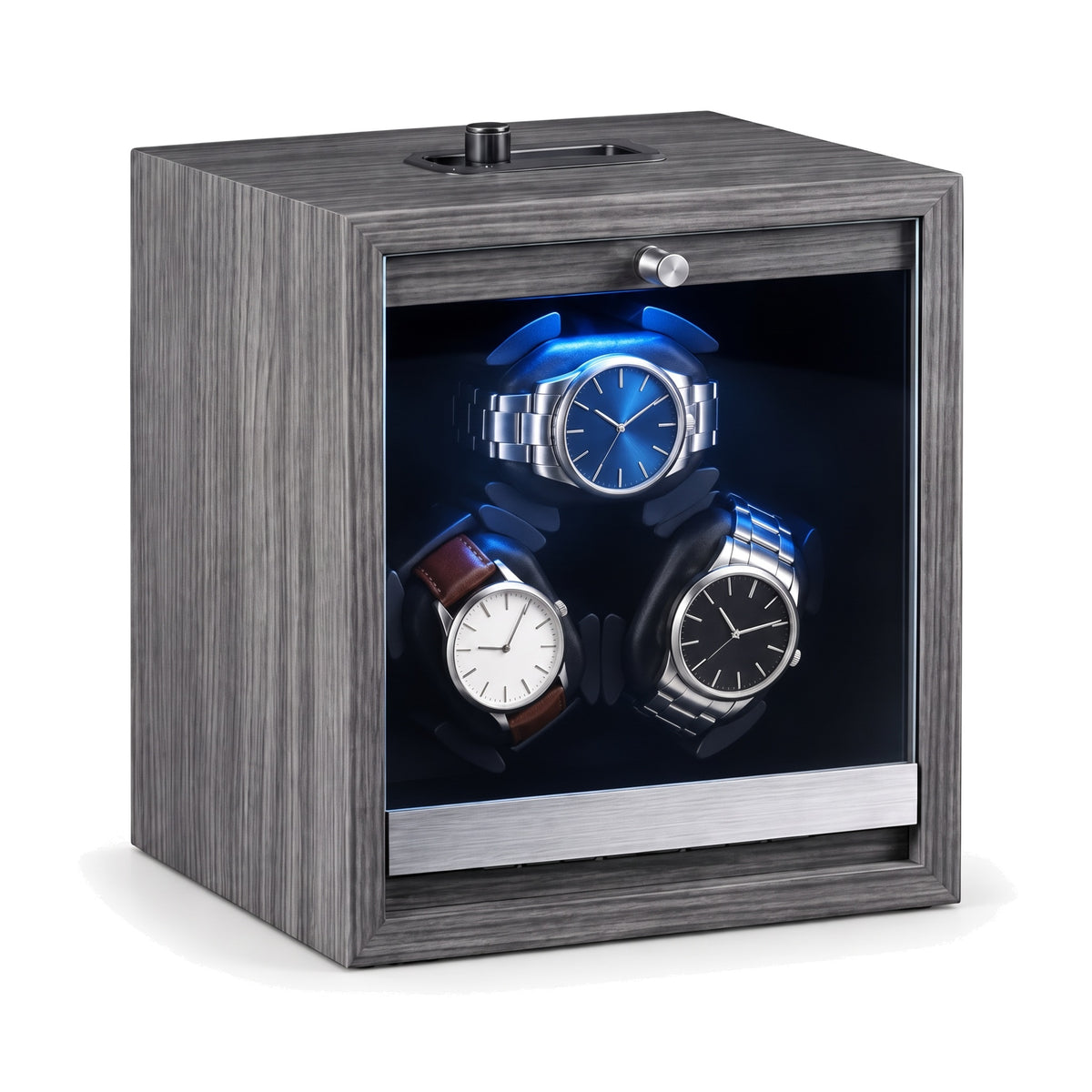 Remontoir automatique pour 3 montres Galerie gris, façade vitrée et éclairage LED intérieur