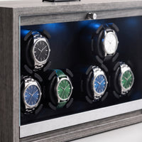 Remontoir automatique pour 6 montres Galerie gris, gros plan sur les rotors éclairés et les montres
