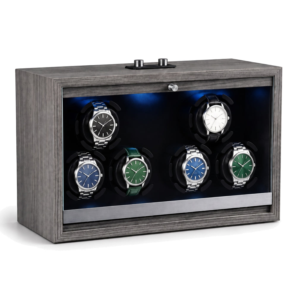 Remontoir automatique pour 6 montres Galerie gris, rotors éclairés en deux groupes de trois