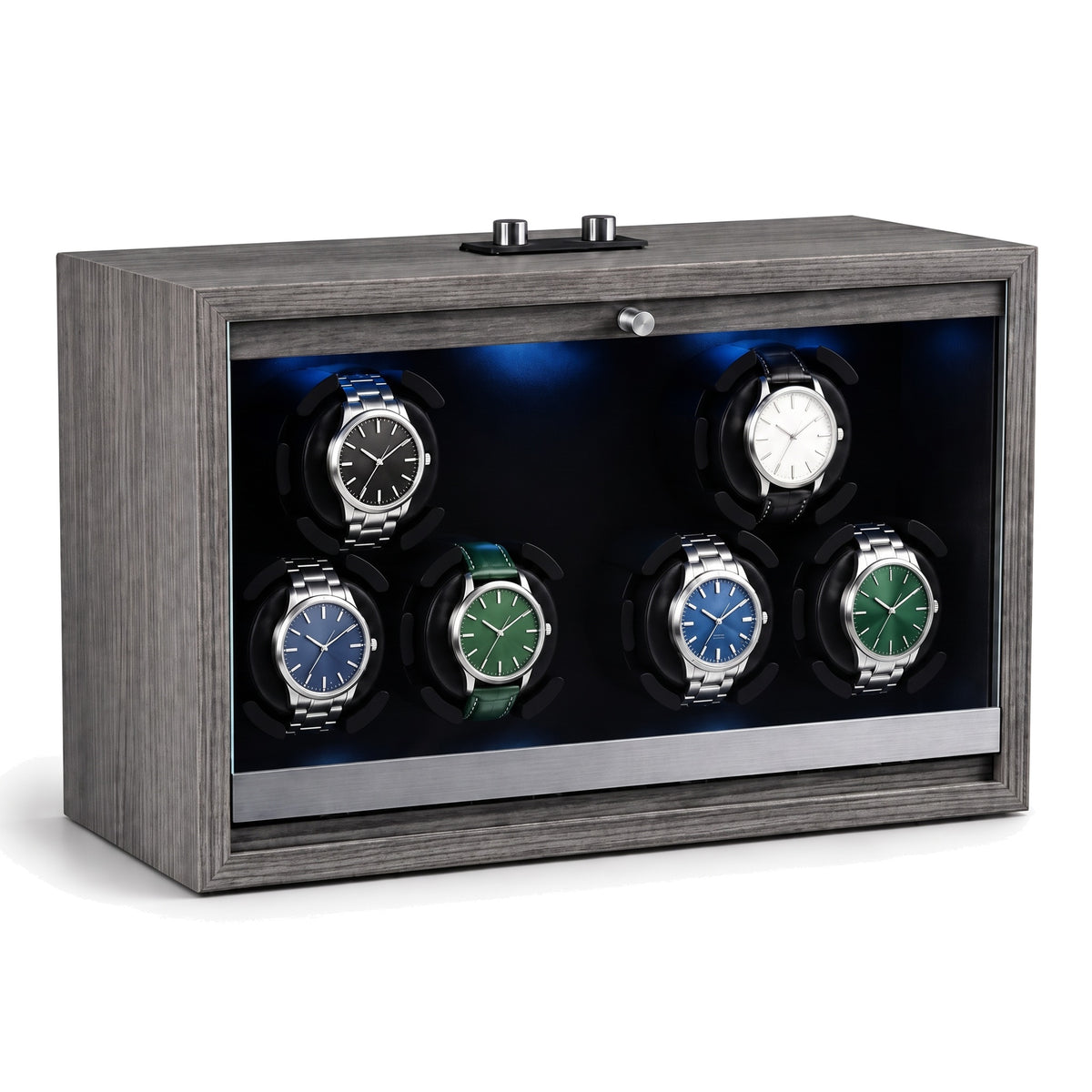 Remontoir automatique pour 6 montres Galerie gris, rotors éclairés en deux groupes de trois