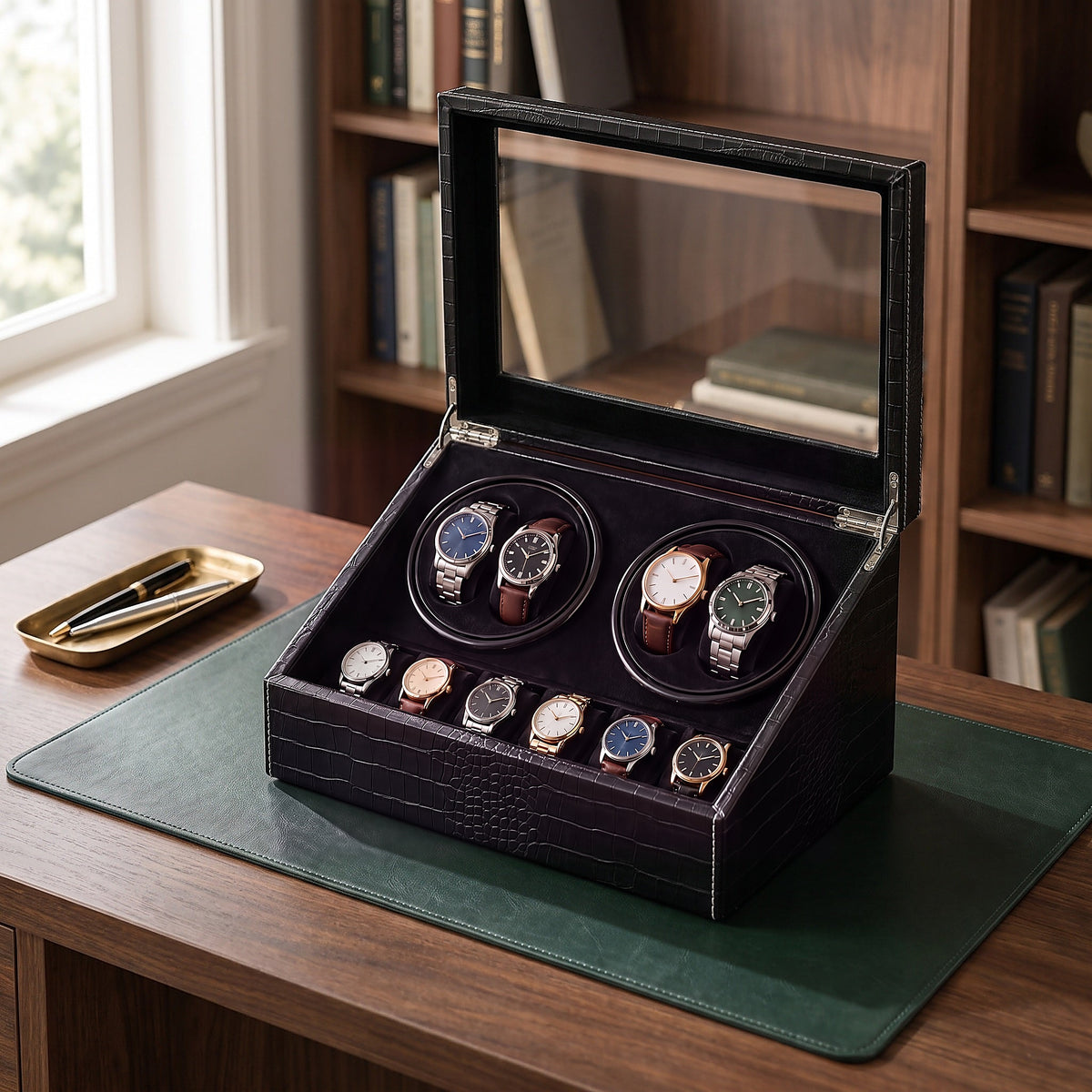 Remontoir automatique Héritage croco noir ouvert sur un bureau de bibliothèque, dix montres installées