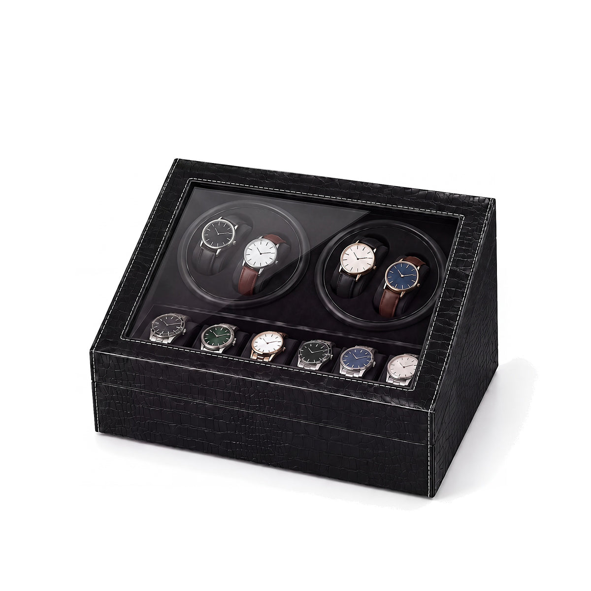 Remontoir automatique pour montres Héritage croco noir fermé, montres visibles sous la vitre