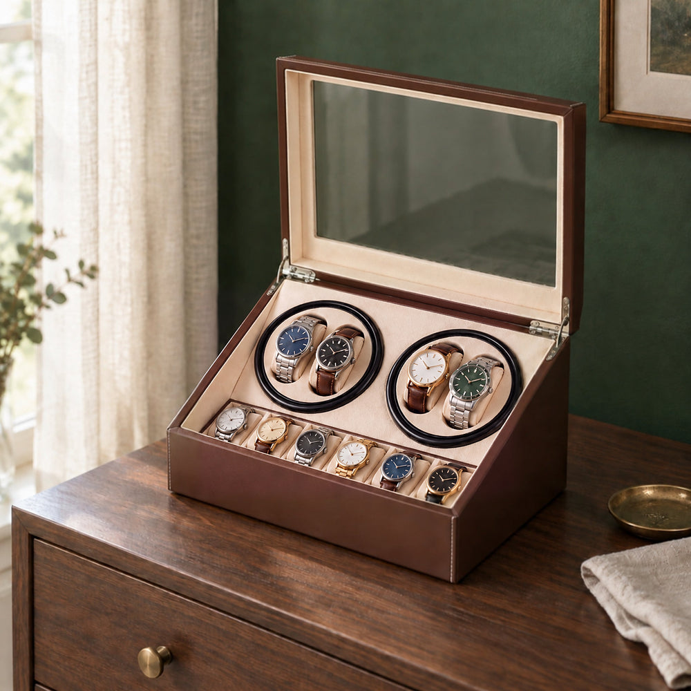Remontoir automatique Héritage marron ouvert sur une commode en noyer, dix montres installées
