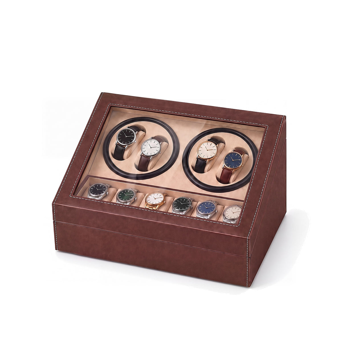 Remontoir automatique pour montres 4+6 Héritage marron fermé, dix montres visibles sous la vitre