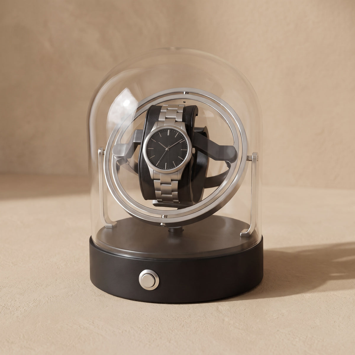 Remontoir automatique sous cloche Orbite argent, vu de face, monture à anneaux