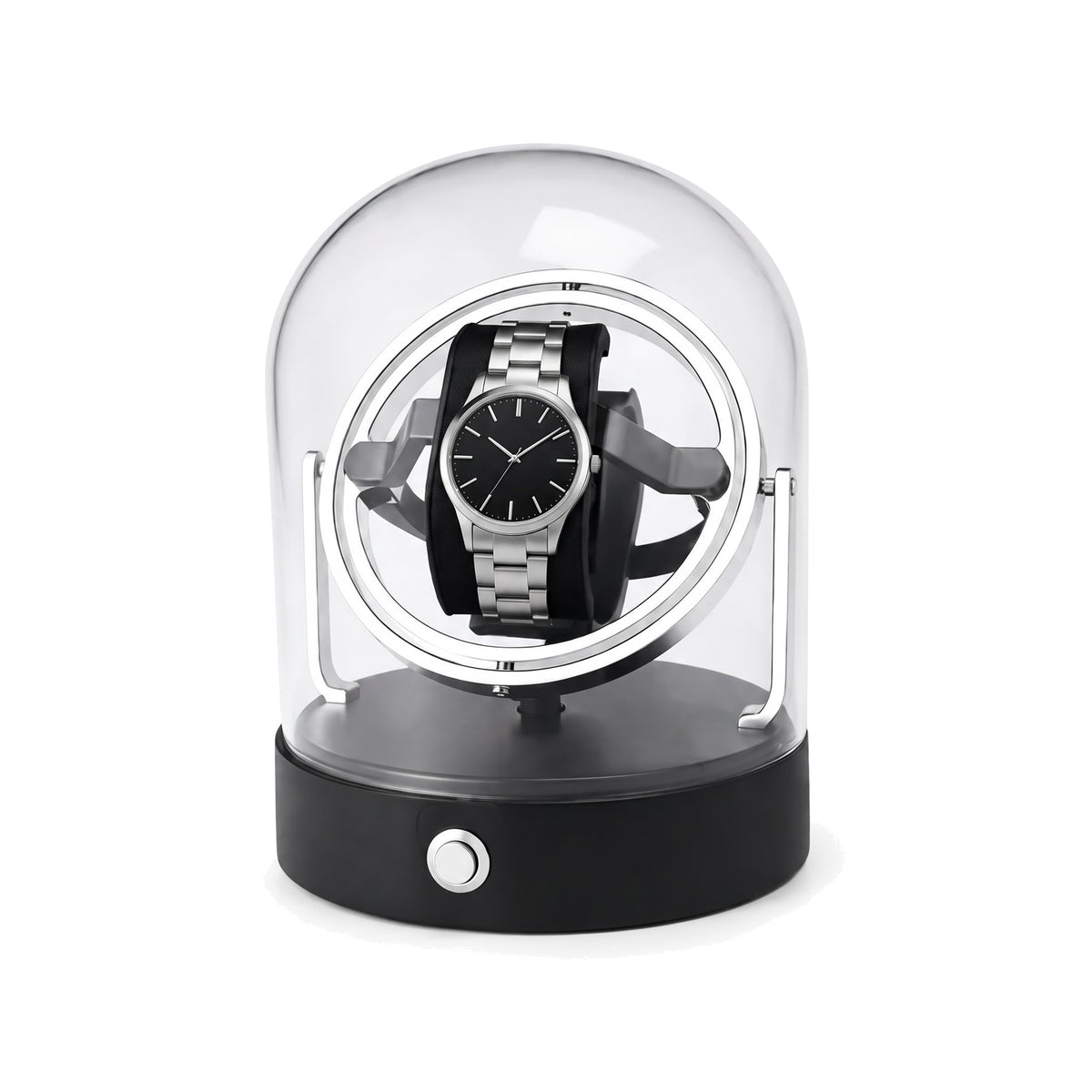 Remontoir automatique pour montre sous cloche Orbite, monture à anneaux argent et socle noir