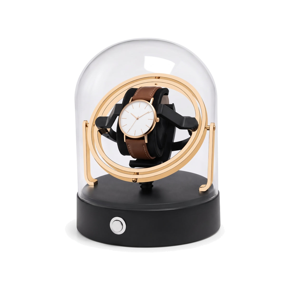 Remontoir automatique pour montre sous cloche Orbite, monture à anneaux dorée et socle noir